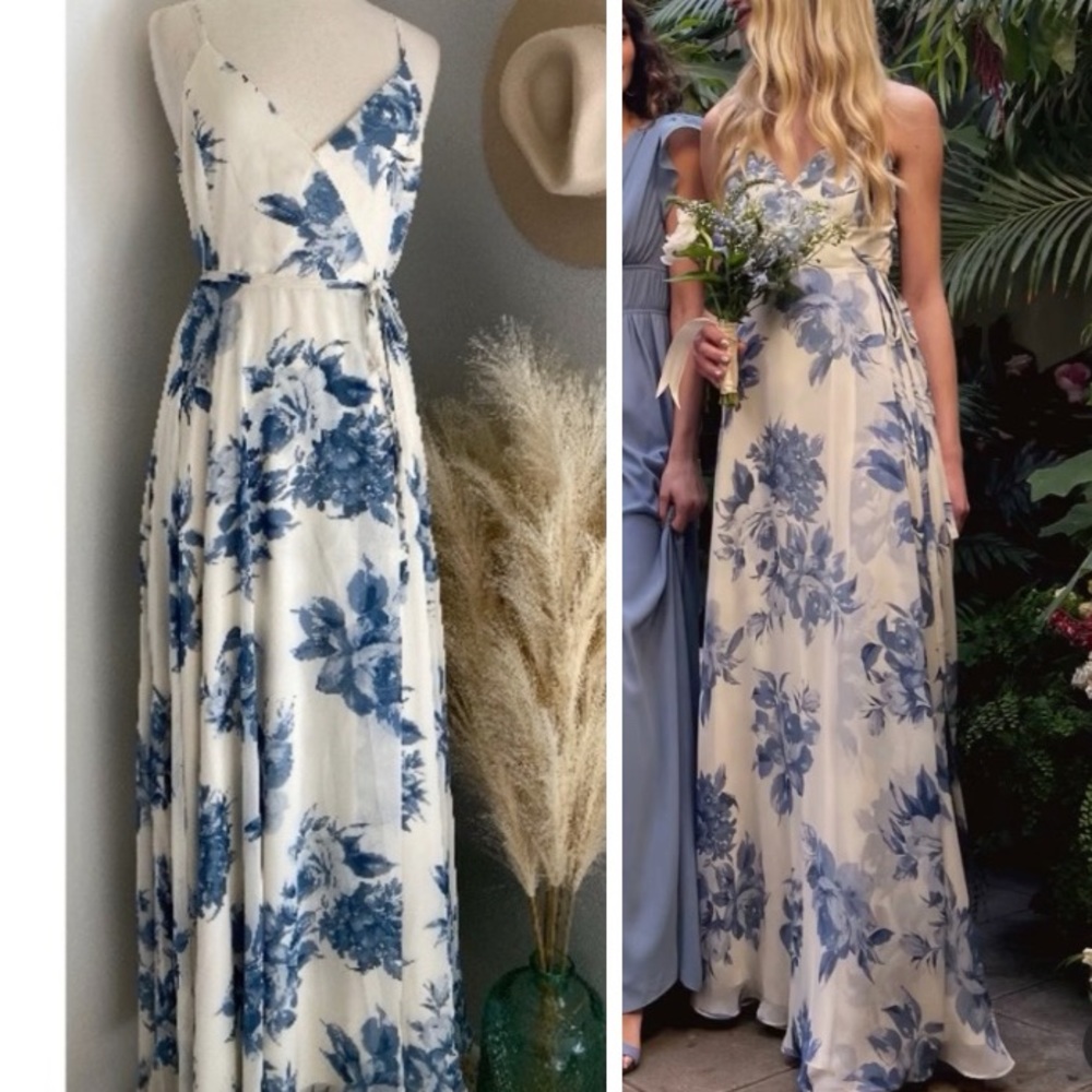 ❤️ Lulus Elegantly Inclined Cream and Blue Floral Wrap Maxi Dress